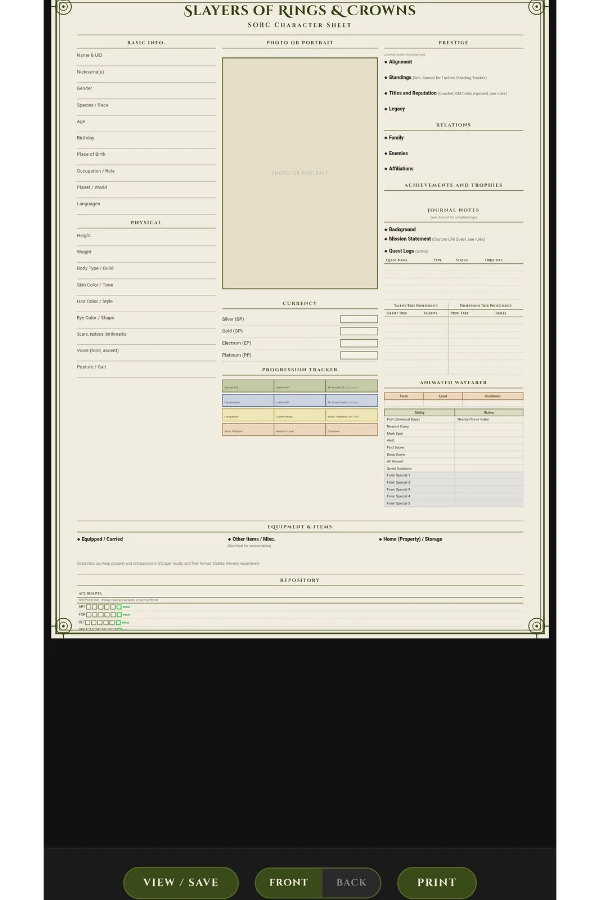 Default character sheet page, without server submissions